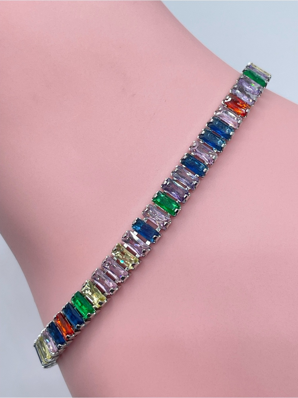 Silver Rainbow Multicolor Baguette Crystal Tennis Bracelet Rainbow Statement